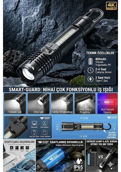 Usb Şarjlı Zoomlu Kancalı Çakarlı Ultra Güçlü El Feneri Bekçi Polis Balıkçı Arama Kurtarma Siyah