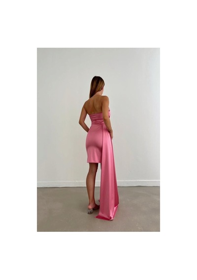 Bezos Saten Yırtmaçlı Elbise Abiye Midi Straplez Kumaş Renk: Pembe Beden: L Bty