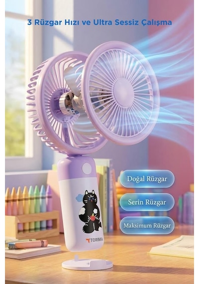 Şarjlı El Vantilatörü Masaüstü Stantlı 3 Kademeli Taşınabilir Mini Fan F56 Mor