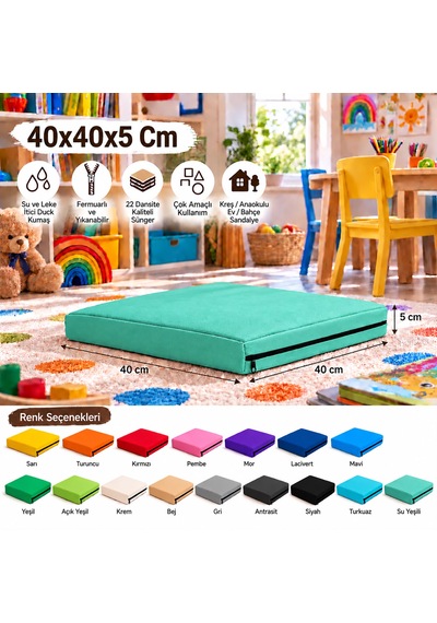40x40x5 Cm Kare Minder - Sandalye Minderi - Kreş Anaokulu Oyun Aktivite Minderi - Bahçe Dekor Minderi Su Yeşili