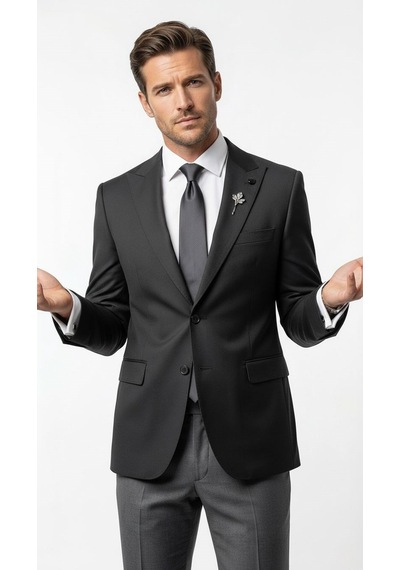 Plus Scorpion Erkek Blazer Ceket Twill Puntolu Kırlangıç Yaka 2 Düğmeli Çift Yırtmaçlı Slim Fit Siyah