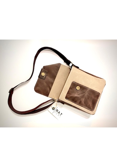Natderi Hakiki Deri Ve Kanvas Omuz Çantası 20x21 Cm Ayarlanabilir Askılı, Ön Cepli Unisex Günlük Çanta Açık Bej - Acı Kahve