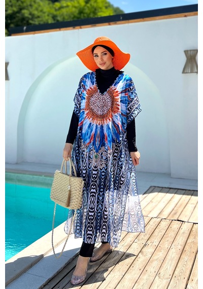 Remsa Tesettür Mayo Üzerine Desenli Tek Kaftan Pareo 430-307 Arjantin Ekru