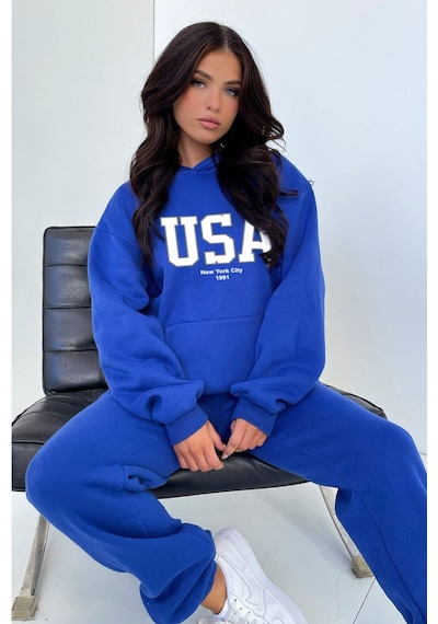 Usa Eşofman Takımı Sweatshirt Jogger - Sax Mavi Baskılı Oversize Şardonlu Kapüşonlu Saks Mavi Usa Eşofman Takımı Sweatshirt Jogger - Sax Mavi Baskılı Oversize Şardonlu Kapüşonlu Saks Mavi