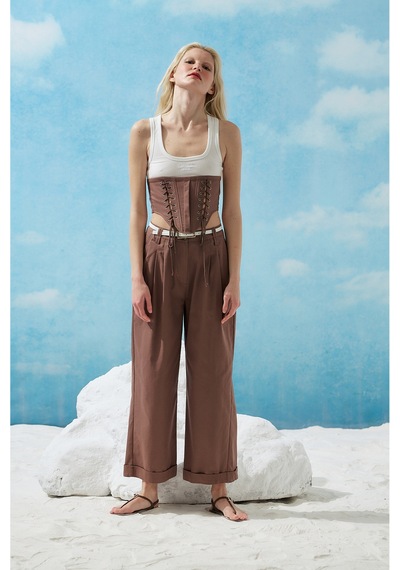 Sagaza Studio Ss6153 Kemerli Cep Detaylı Bol Pantolon Kahve