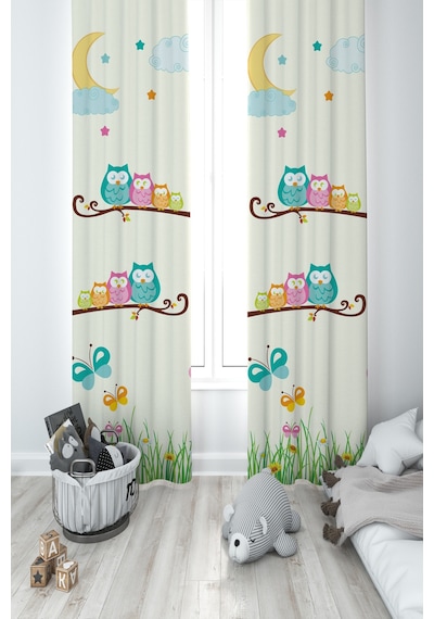 Mekta Home Bebek Ve Çocuk Odası Küçük Baykuşlar Ve Çimen Desenli 2 Kanat Fon Perde