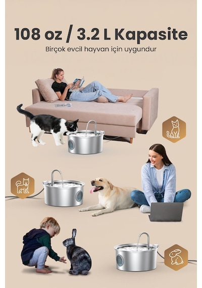 3.2 L Tekli Paslanmaz Çelik Kedi Köpek İçin Otomatik Su Pınarı Su Çeşmesi Su Sebili Sessiz Pompalı