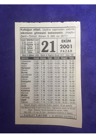 21 Ekim 2001 Takvim Yaprağı - Nostalji Koleksiyonluk Takvim Yaprağı