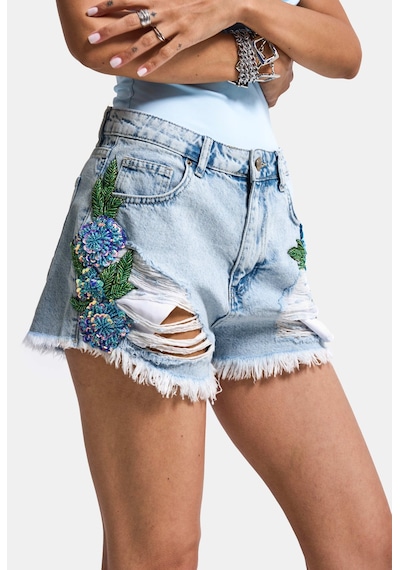 it's basic Kadın Kot Rengi 11s6-3 Özel Taş Ve Nakış Detaylı Mini Boy Denim Şort Çok Renkli