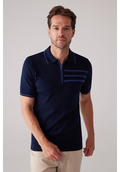 Erkek Lacivert Slim Fit Hafif Çizgili Fermuarlı Polo Yaka Tişört