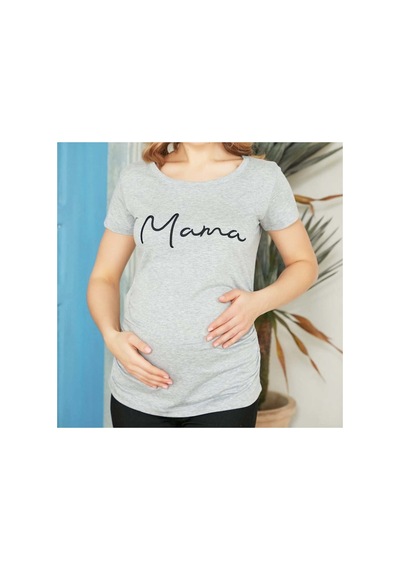 Bebegen Gri Mama Nakışlı Hamile Kısa Kol Tişört Çok Renkli