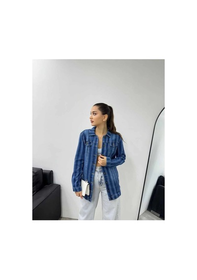 Kene Jeans Çizgili Boyfriend Tam Kalıp Ceket Mavi