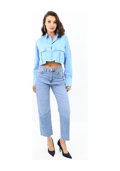 Koza Butik Kadın Crop Cep Detaylı Gömlek 1672-24 001
