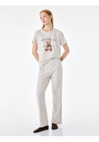 Koton Kısa Kollu Bisiklet Yaka Ayıcık Baskılı Pijama Takımı Bej Melanj 7wlk40266mk