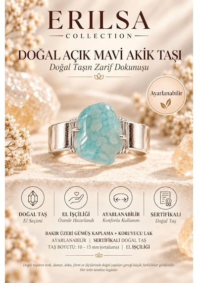 Sertifikalı Açık Mavi Akik Taşı Doğal Taş Yüzük Gümüş Kaplama Bak Çok renkli