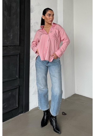 Madmext Pembe Çizgili Cepli Kadın Gömlek Mg2345 Pembe
