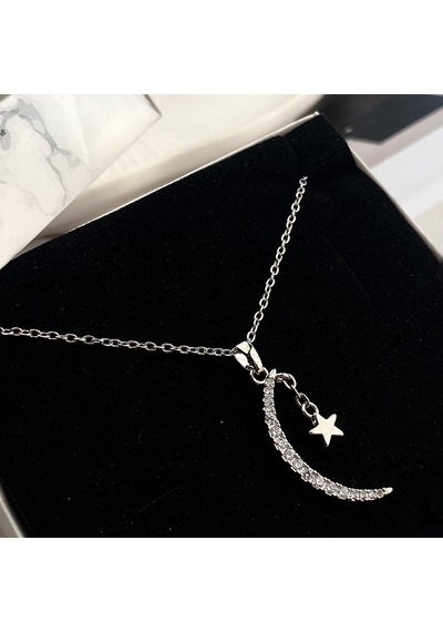 Ay Yıldızlı Kolye Kadın Kolye Zirkon Taşlı 45cm Silver
