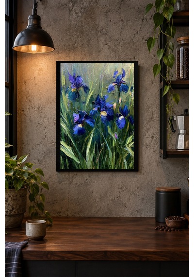 Mavi Çiçekler Desenli Dekoratif Mdf Tablo, Çerçeve Görünümlü Ahşap Poster