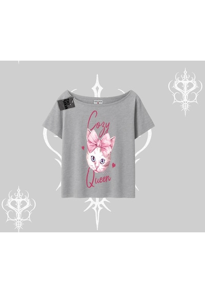 Tarzsokak Cozy Queen Kedi Baskılı Kayık Yaka Tshirt Gri