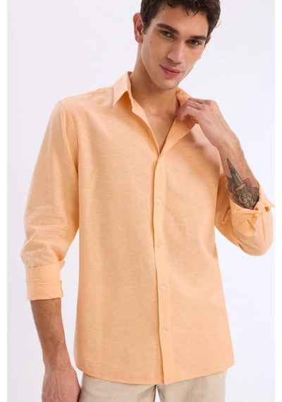 Defacto Regular Fit Polo Yaka Keten Karışımlı Yazlık Uzun Kollu Gömlek E0555ax25smog301 Turuncu