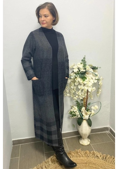 Mia Butik Büyük Beden Siyah Desenli Uzun Hırka Siyah