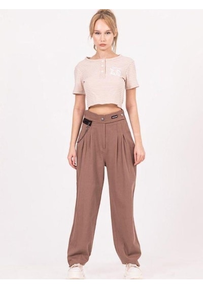 Zekids Kız Çocuk Lc Aplikeli Çizgili Crop T-shirt-13940 Bej