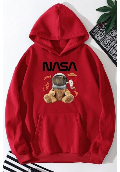 Uyguntarz Unisex Nasa Bear Baskılı Sweatshirt Kırmızı