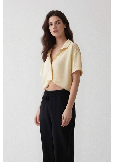 Defacto Cropped Fit Gömlek Yaka Keten Görünümlü Kısa Kollu Bluz C7799ax25sper135 Ekru