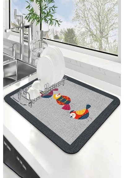Gri Papağanlı Microfiber Bulaşık Kurutma Kurulama Matı Mm022n11