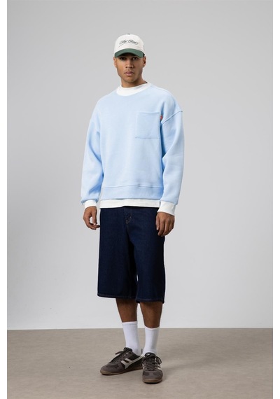 Vamos Bisiklet Yaka Cep Detaylı Oversize Sweatshirt Bebek Mavisi