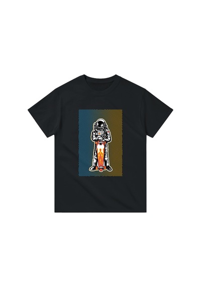 Paybuy Erkek Astronot Kaykay Baskılı Tişört %100 Pamuk Rahat Kesim Kalın Siyah