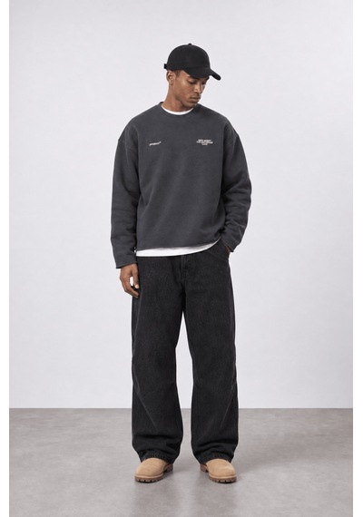 Respire Erkek Cake Baskılı Pis Dikiş Detaylı Oversize Sweatshirt Füme