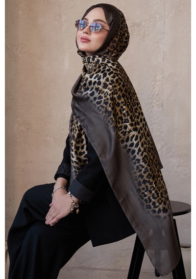 Miorel Scarfs Leopar Desen Vual İpek Şal Fular Silk Scarfs Shawl Hijab Kahve Kenar