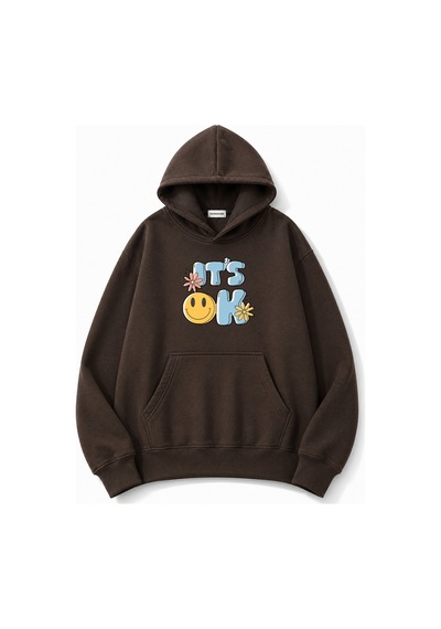 Herkesemoda İt's Ok Baskılı Kapüşonlu 2 İplik Şardonlu Sweatshirt Kahverengi