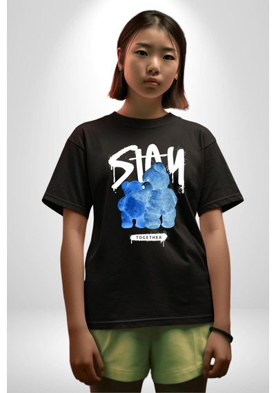 Birlikte Kal Pamuklu Bisiklet Yaka Unisex Oversize Boyfriend Dijital Baskılı Siyah T-shirt Siyah