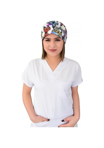 Unisex Mor Kelebekli Doktor Hemşire Cerrahi Hastane Aşçı Bonesi Beyaz Beyaz