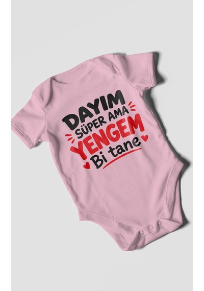 Morivokids Dayım Süper Ama Yengem Bi Tane Kısa Kollu Bebek Body %100 Pamuk Koyu Pembe