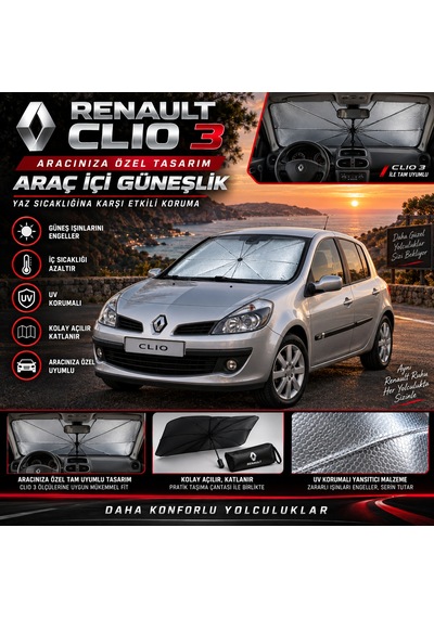 Renault Clio 3 Araç Ön Cam Güneşliği Katlanabilir Şemsiye Oto Güneşlik Uv Korumalı Gölgelik Araba Oto Şemsiyesi