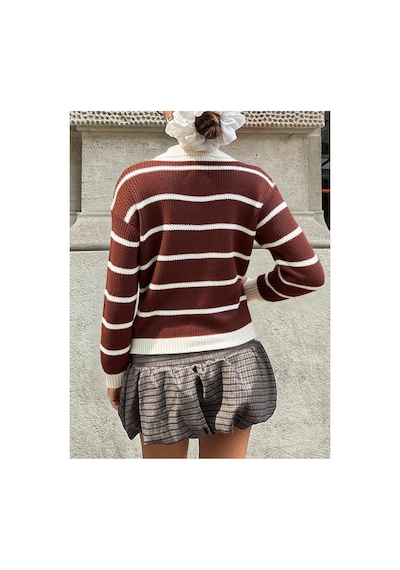 Meecy Selanik Örgü Polo Yaka Oversize Zr Model Kadın Triko Kazak Kahverengi & Bej Kahverengi & Bej Meecy Selanik Örgü Polo Yaka Oversize Zr Model Kadın Triko Kazak Kahverengi & Bej Kahverengi & Bej