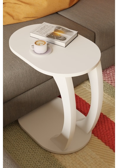Oval Beyaz C Sehpa Modern,hareketli Tekerlekli Yan Sehpa Salon, Ofis, Yatak Odası Beyaz