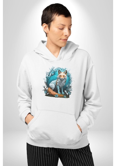 Beyaz Kurt Altın Maske Doğa Kadın Erkek Beyaz Kapüşonlu Sweatshirt Hoodie Beyaz