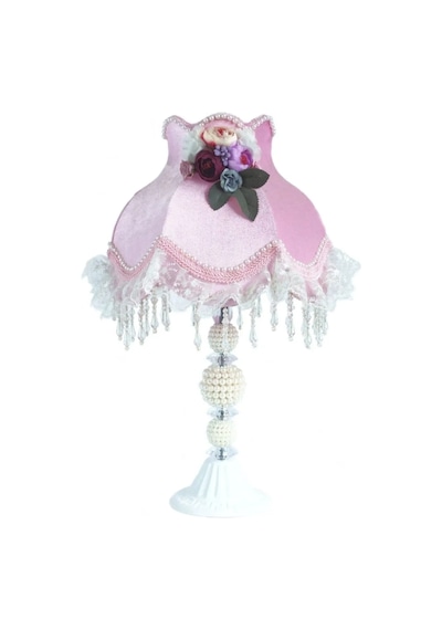 Pembe Kadife Kaplı Çiçek Dekorlu Başlık İncili Beyaz Ayaklı Klasik Prenses Model Abajur 55x25cm
