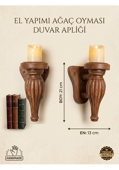 Ahşap Oymalı Dekoratif Duvar Apliği & Mumluk 21x13 Cm - El Yapımı Otantik Duvar Şamdanı Eskitme