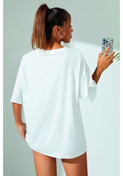 Unisex Mind Life Vibes Baskılı Oversize Tshirt Beyaz
