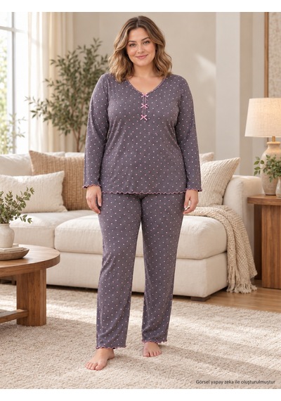 Seboteks Mevsimlik İnce Kumaş Kalp Desenli Uzun Kollu Büyük Beden Kadın Pijama Takımı 3177 Füme Seboteks Mevsimlik İnce Kumaş Kalp Desenli Uzun Kollu Büyük Beden Kadın Pijama Takımı 3177 Füme