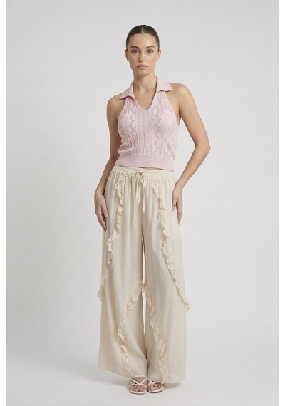 Neden Tekstil Kadın Polo Yaka Sırt Dekolteli Crop Bluz - Pembe