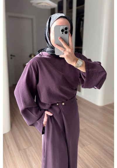 Ka Hijab Kruvaze Pantolonlu Salaş Takım - Mürdüm Bordo