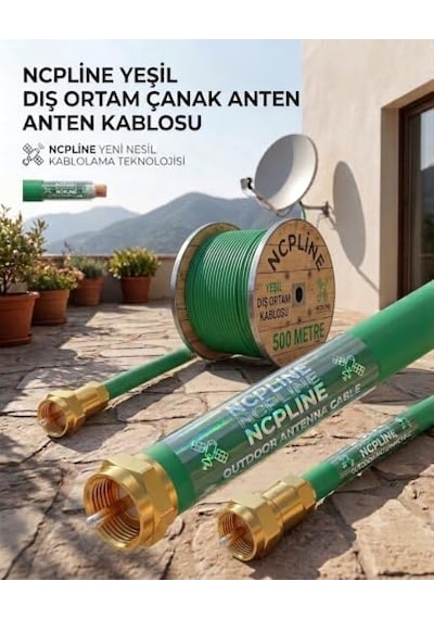 30 Metre Yeşil Uydu Anten Kablosu Rg6 U4 64 Telli Uçları Takılı li 4k Hd