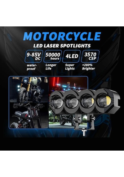 Motosiklet 4 Led Lazer Sis Farı 2 Adet Delici Beyaz Sarı Çift Renk Metal Baykuş Led Işık