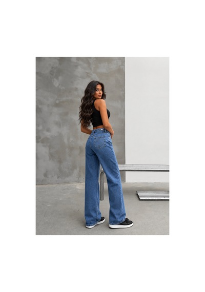 Kene Jeans Mavi Arka Cep Nakışlı Kemer Tokalı Boru Paça Pantolon Jeans Mavi